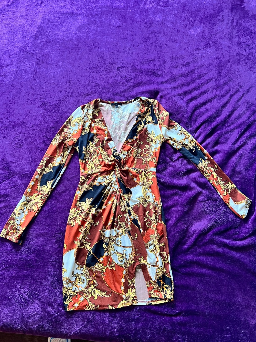 Long Sleeve Baroque Twist-Front Dress - Orange/Black/Gold Size M